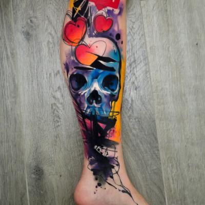 Color tattoo skull tatuaggio marco pepe encre tattoo Napoli 