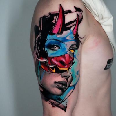 Tatuaggio encre tattoo Napoli marcoencre portrait japan mask 
